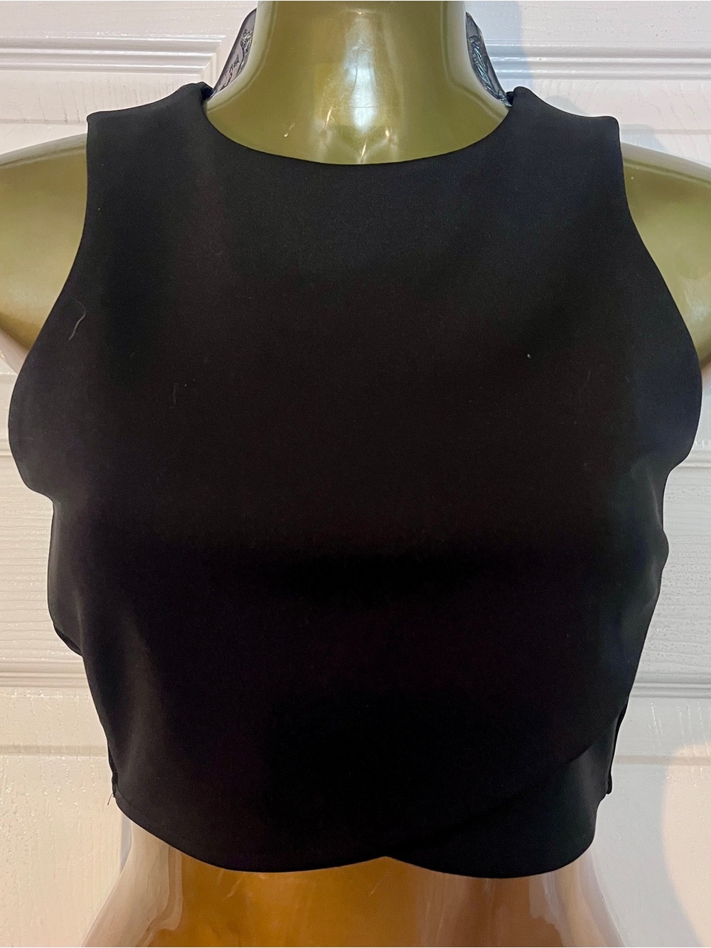 Express Black High Neck Crop Top Gold Zipper Asymmetrical Overlap Hem XS